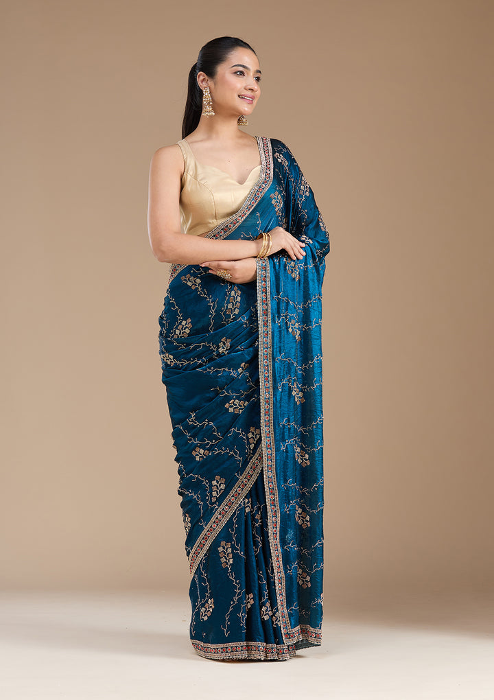 Royal Blue Tissue Gold Stonework Saree With Matching Blouse Piece