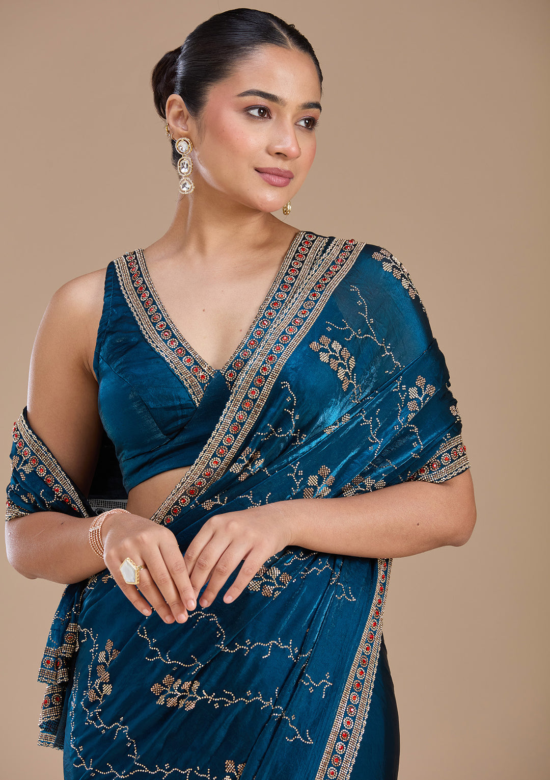 Royal Blue Tissue Gold Stonework Saree With Matching Blouse Piece