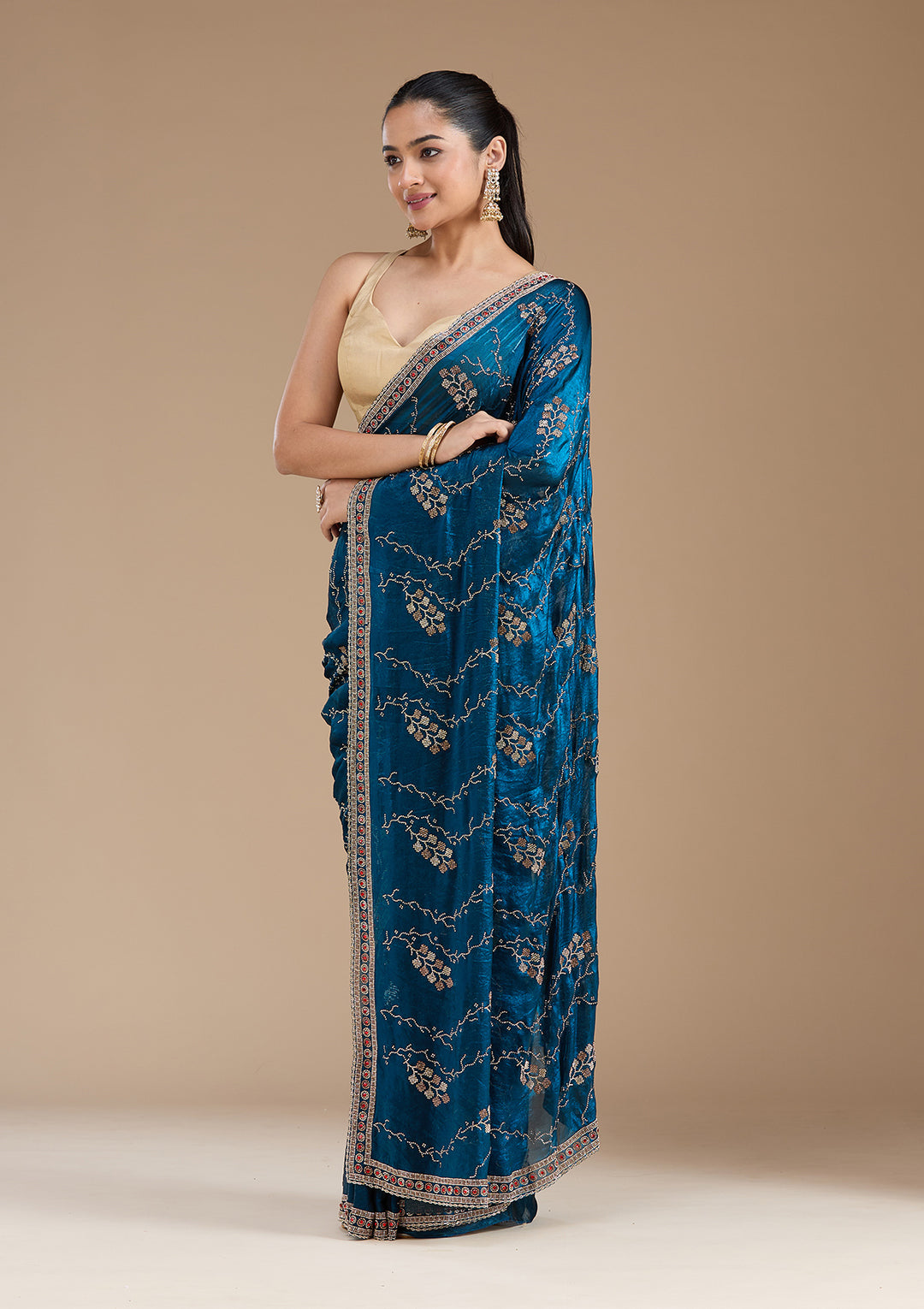 Royal Blue Tissue Gold Stonework Saree With Matching Blouse Piece