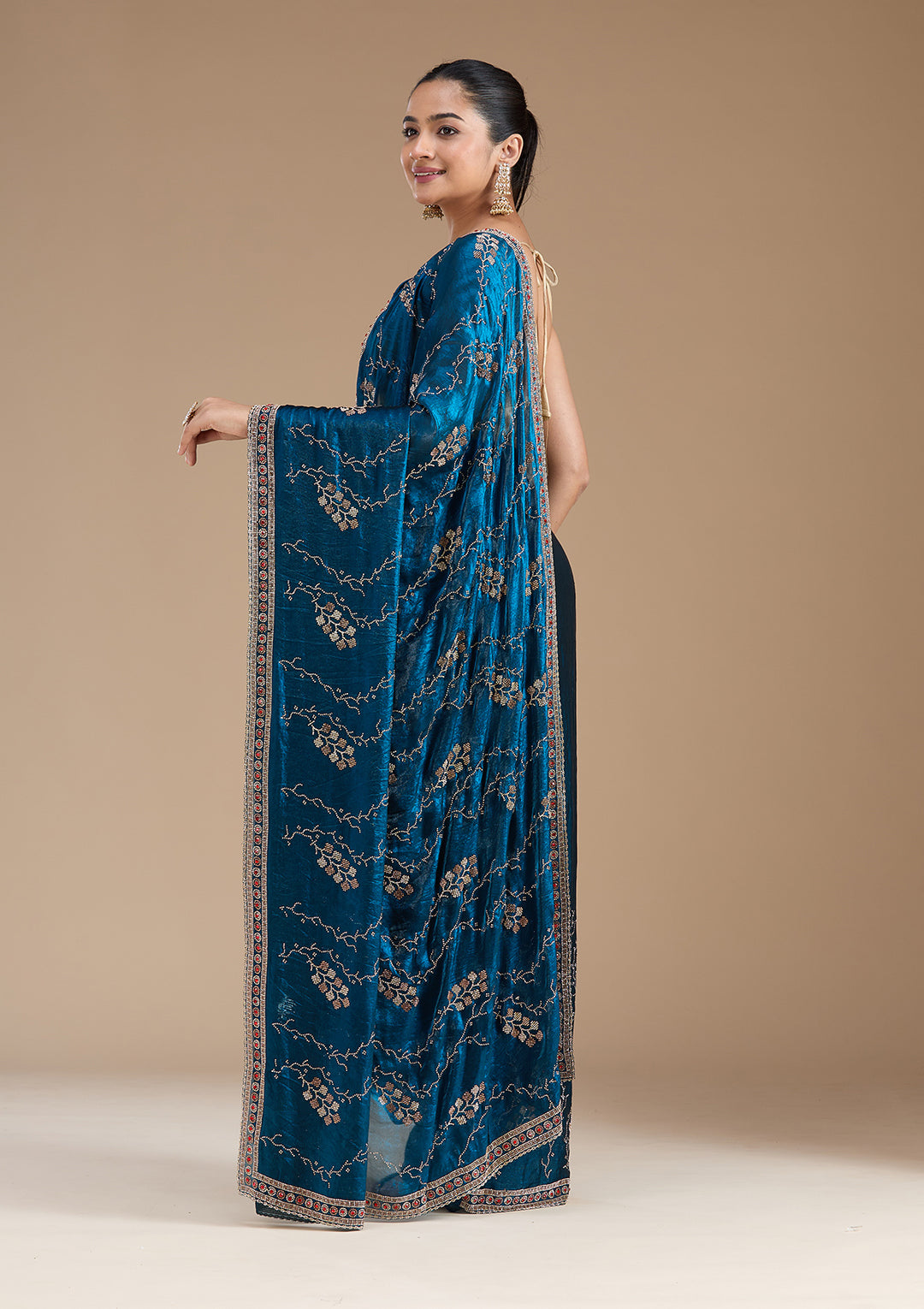 Royal Blue Tissue Gold Stonework Saree With Matching Blouse Piece
