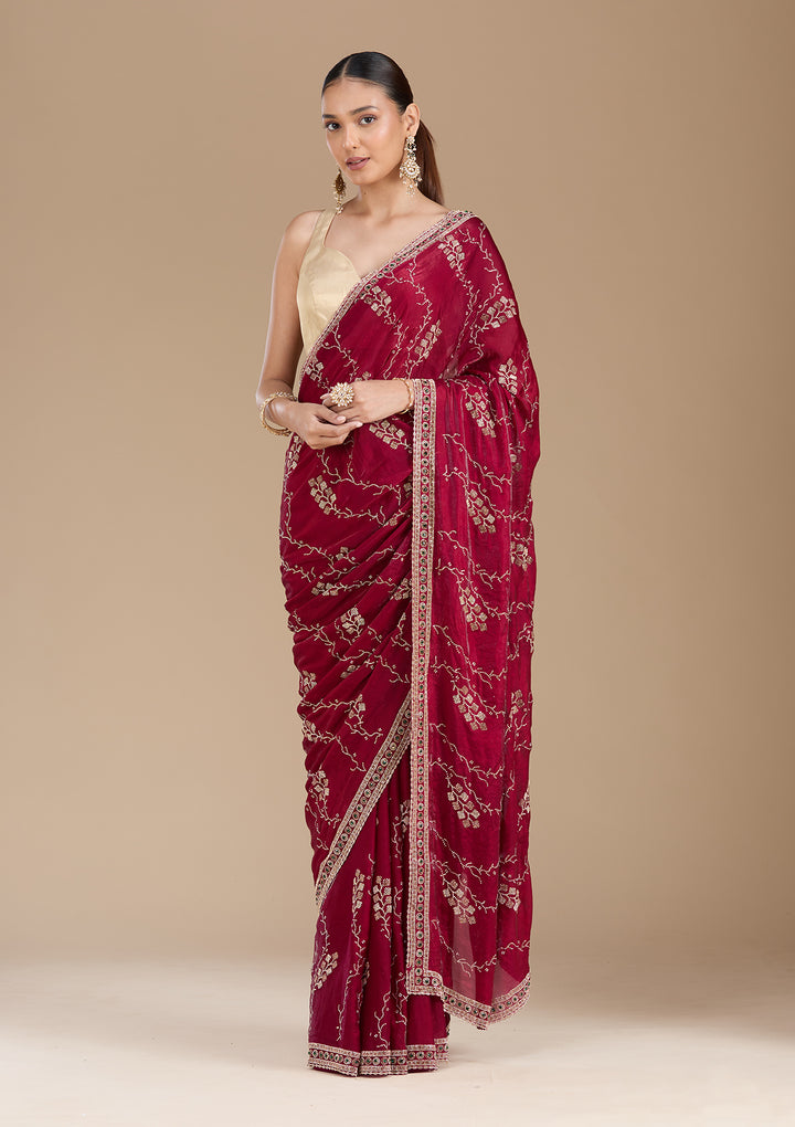 Wine Tissue Gold Stonework Saree With Matching Blouse Piece