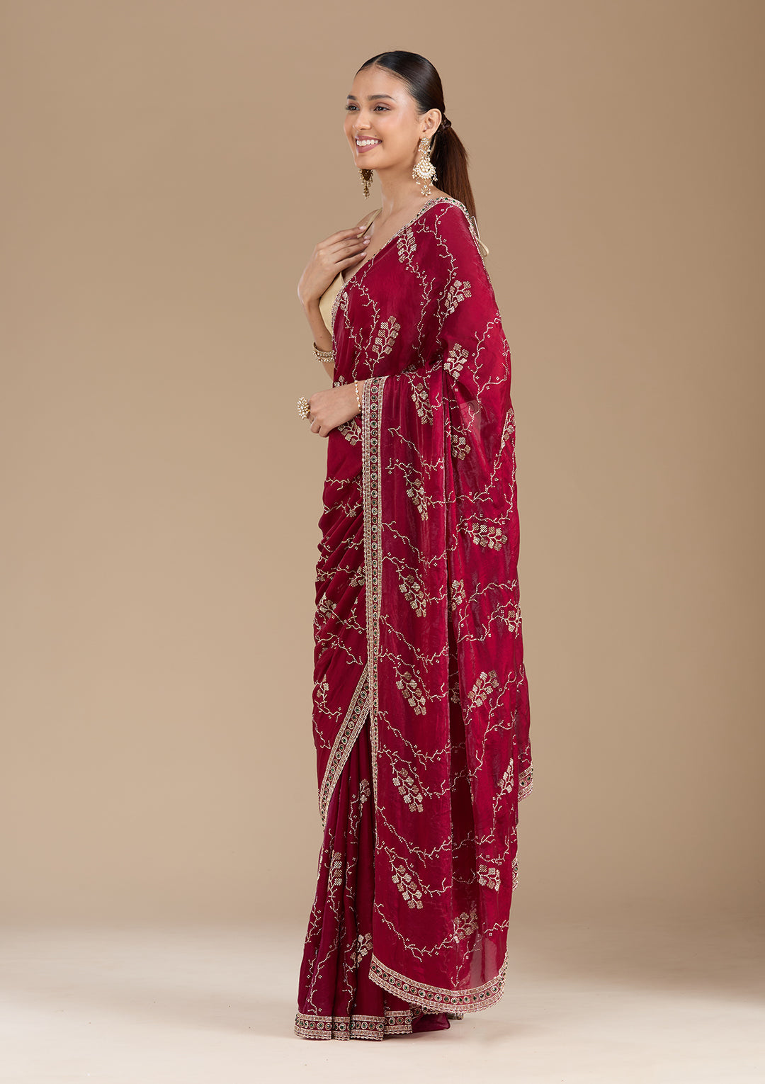 Wine Tissue Gold Stonework Saree With Matching Blouse Piece