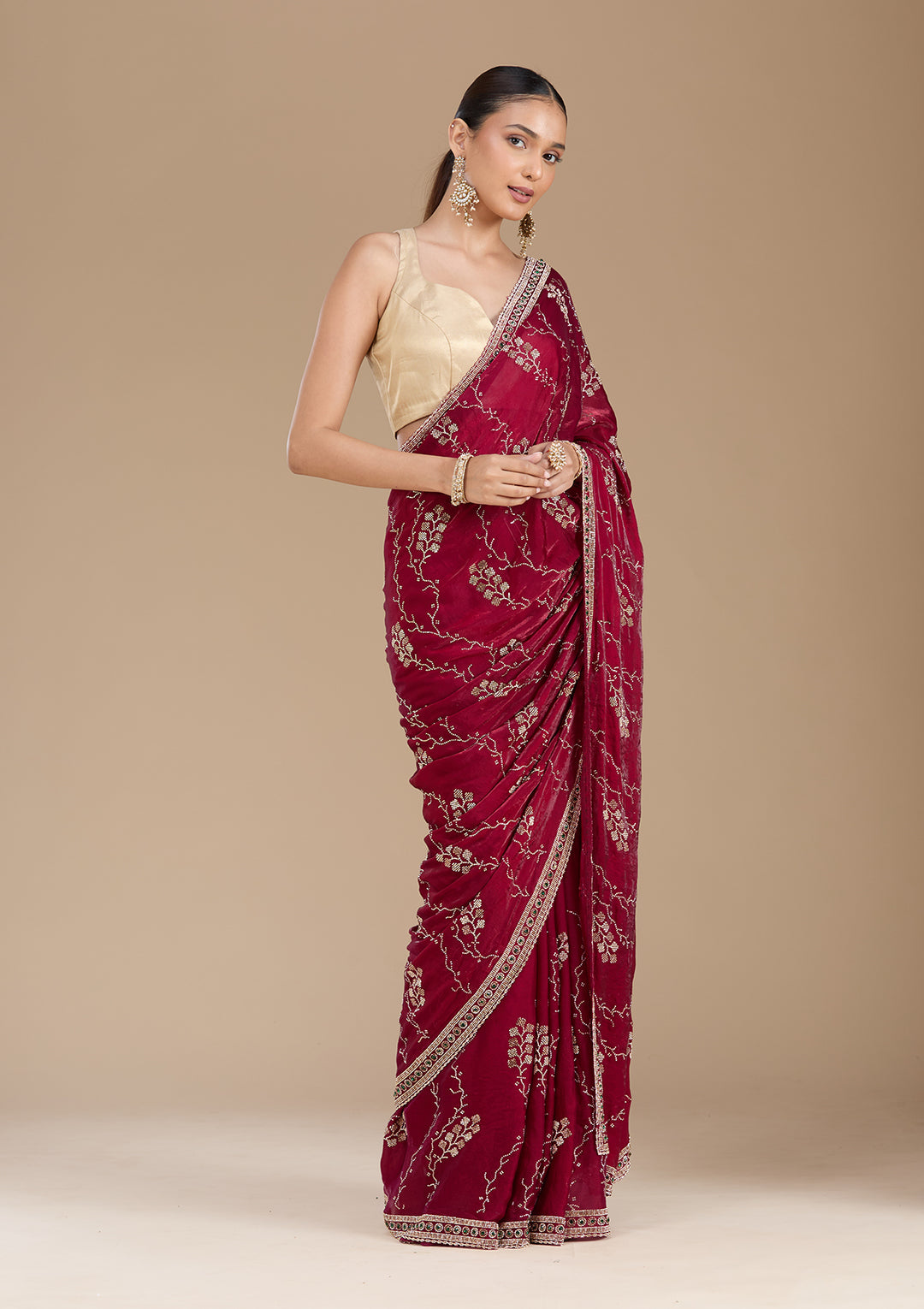 Wine Tissue Gold Stonework Saree With Matching Blouse Piece