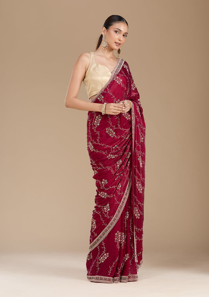 Wine Tissue Gold Stonework Saree With Matching Blouse Piece
