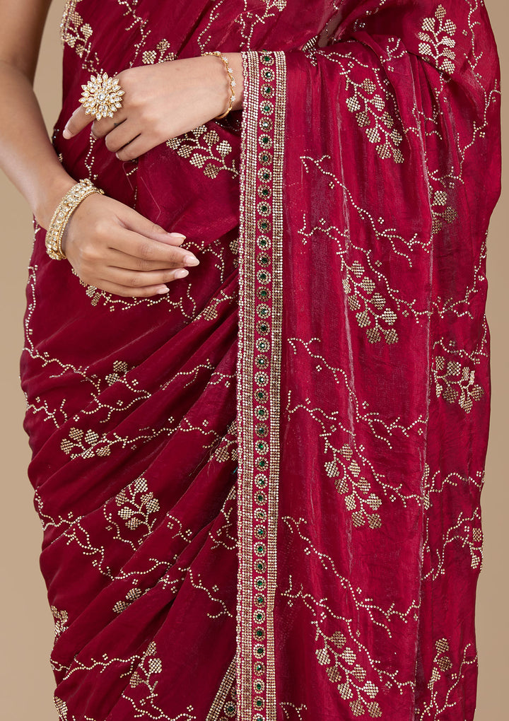 Wine Tissue Gold Stonework Saree With Matching Blouse Piece