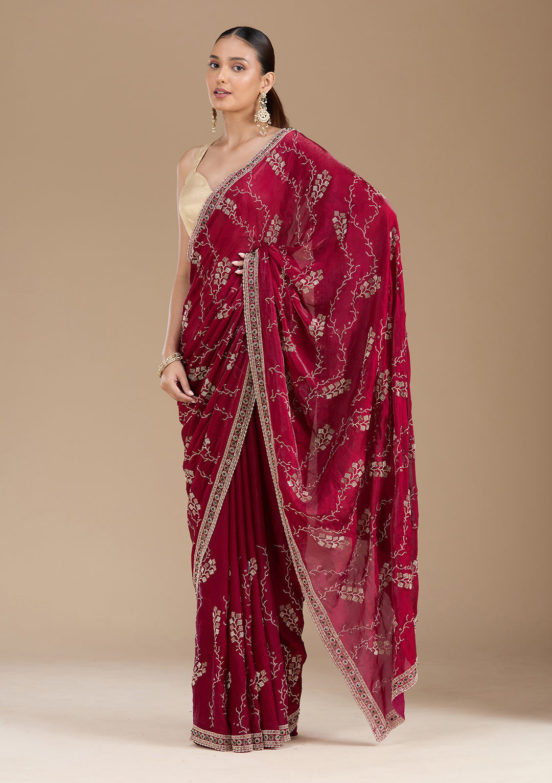 Wine Tissue Gold Stonework Saree With Matching Blouse Piece
