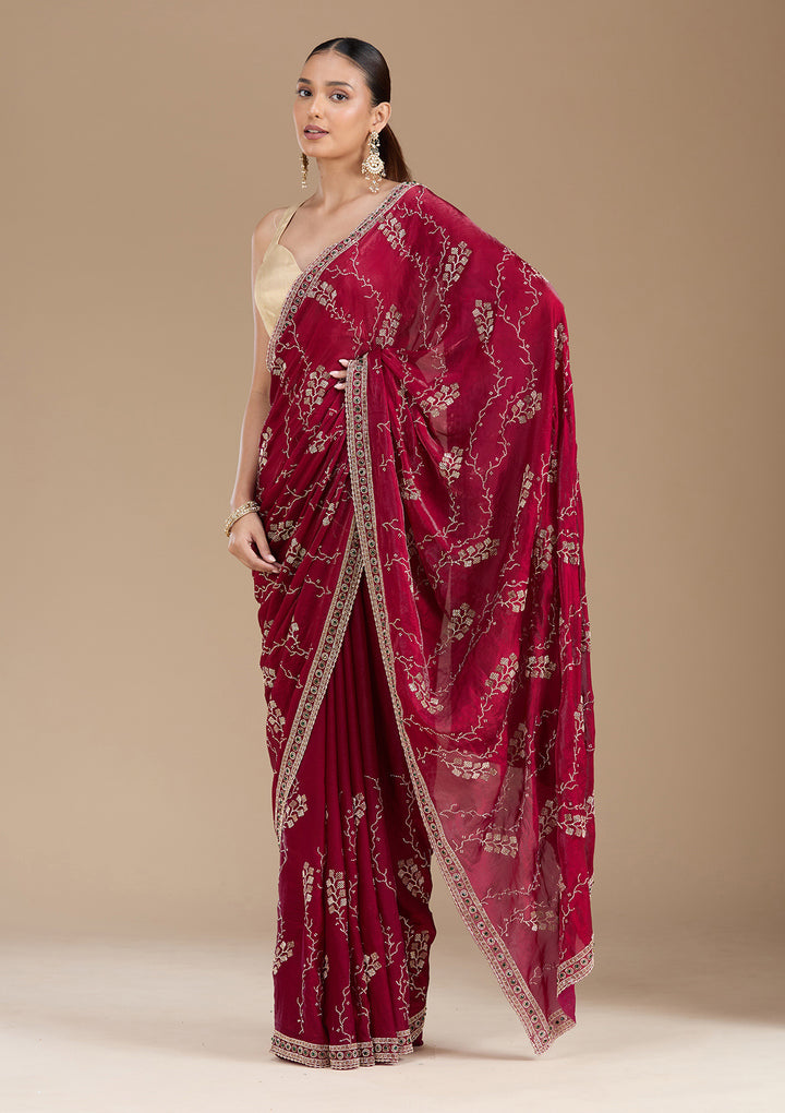 Wine Tissue Gold Stonework Saree With Matching Blouse Piece