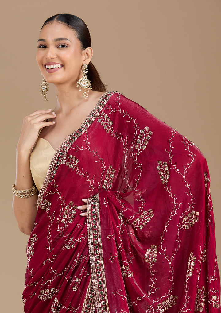 Wine Tissue Gold Stonework Saree With Matching Blouse Piece