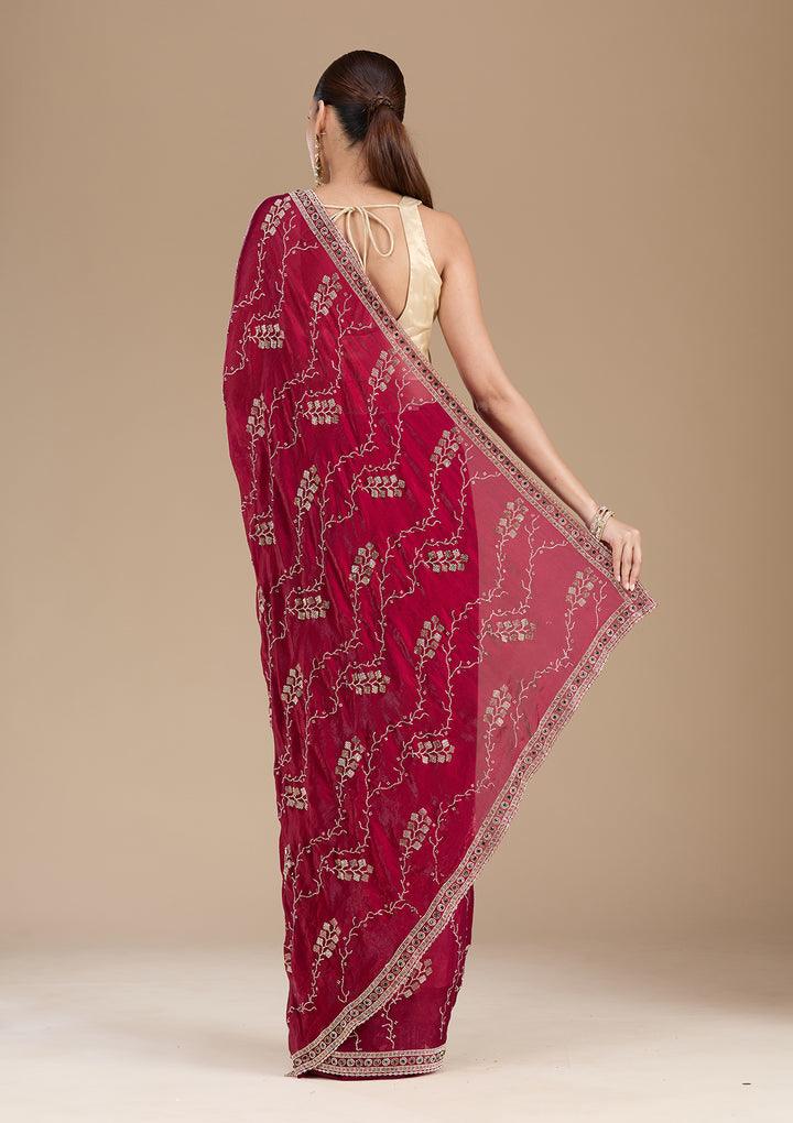 Wine Tissue Gold Stonework Saree With Matching Blouse Piece
