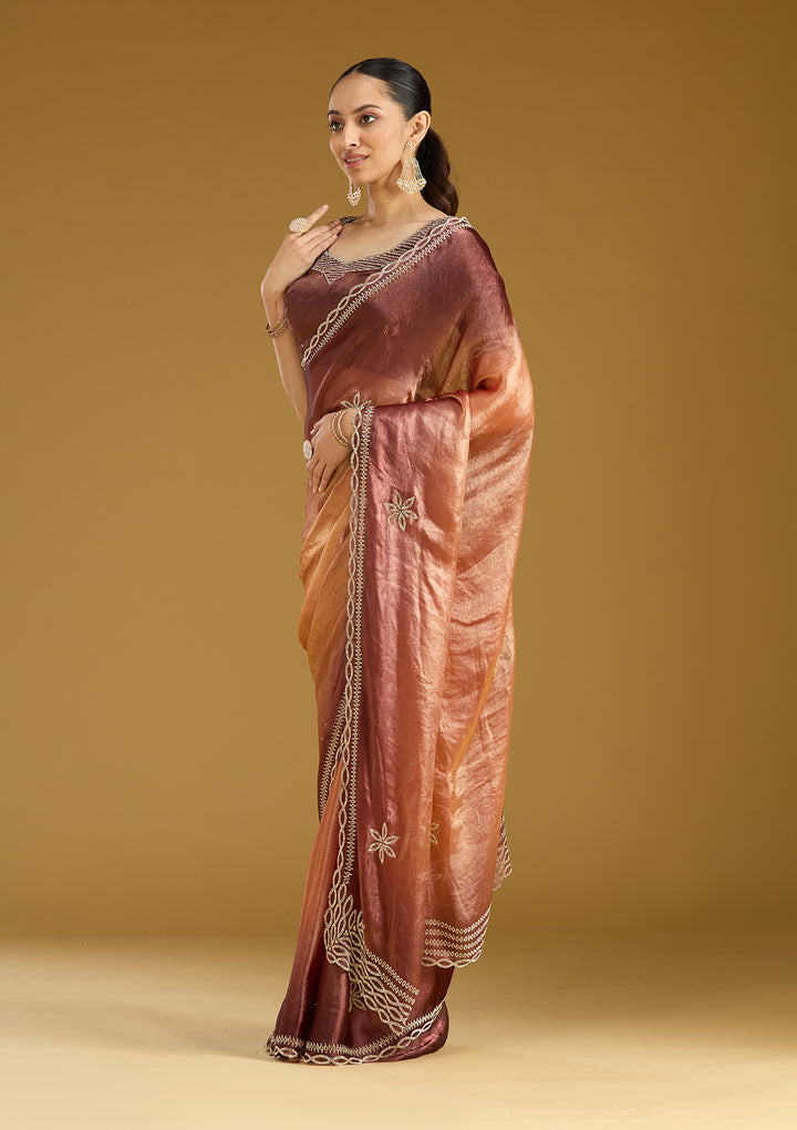 Rust Tissue Gold Stonework Saree With Matching Blouse Piece