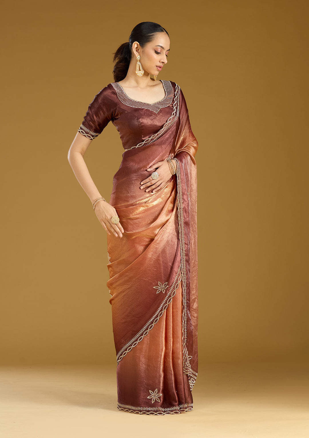 Rust Tissue Gold Stonework Saree With Matching Blouse Piece