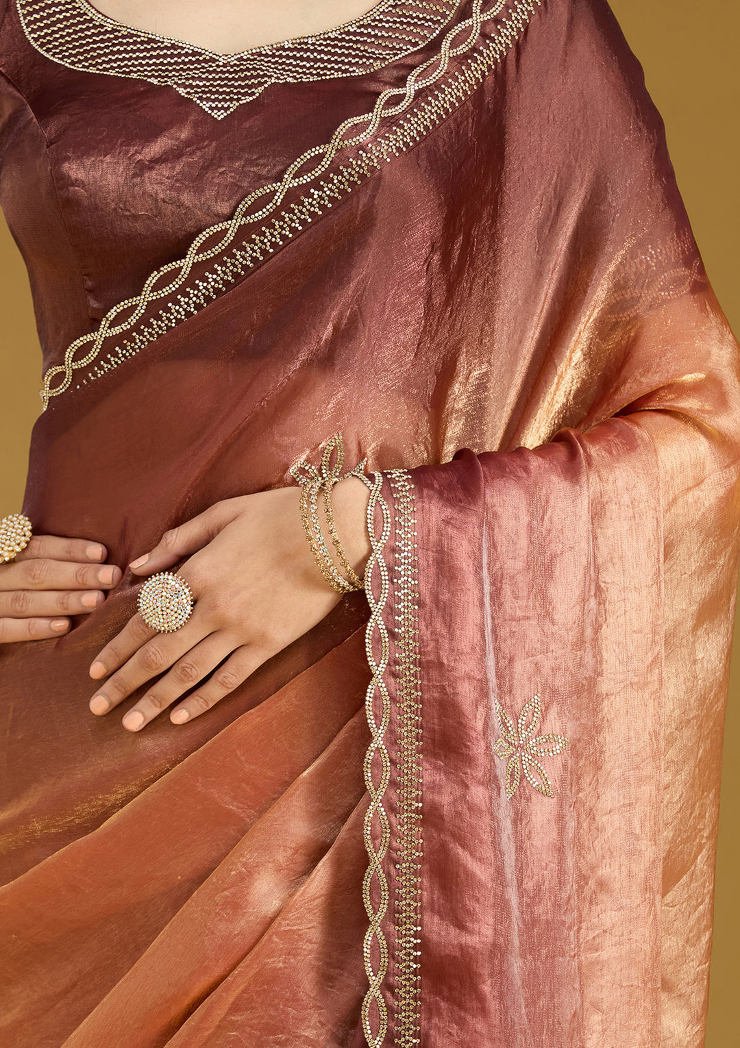 Rust Tissue Gold Stonework Saree With Matching Blouse Piece