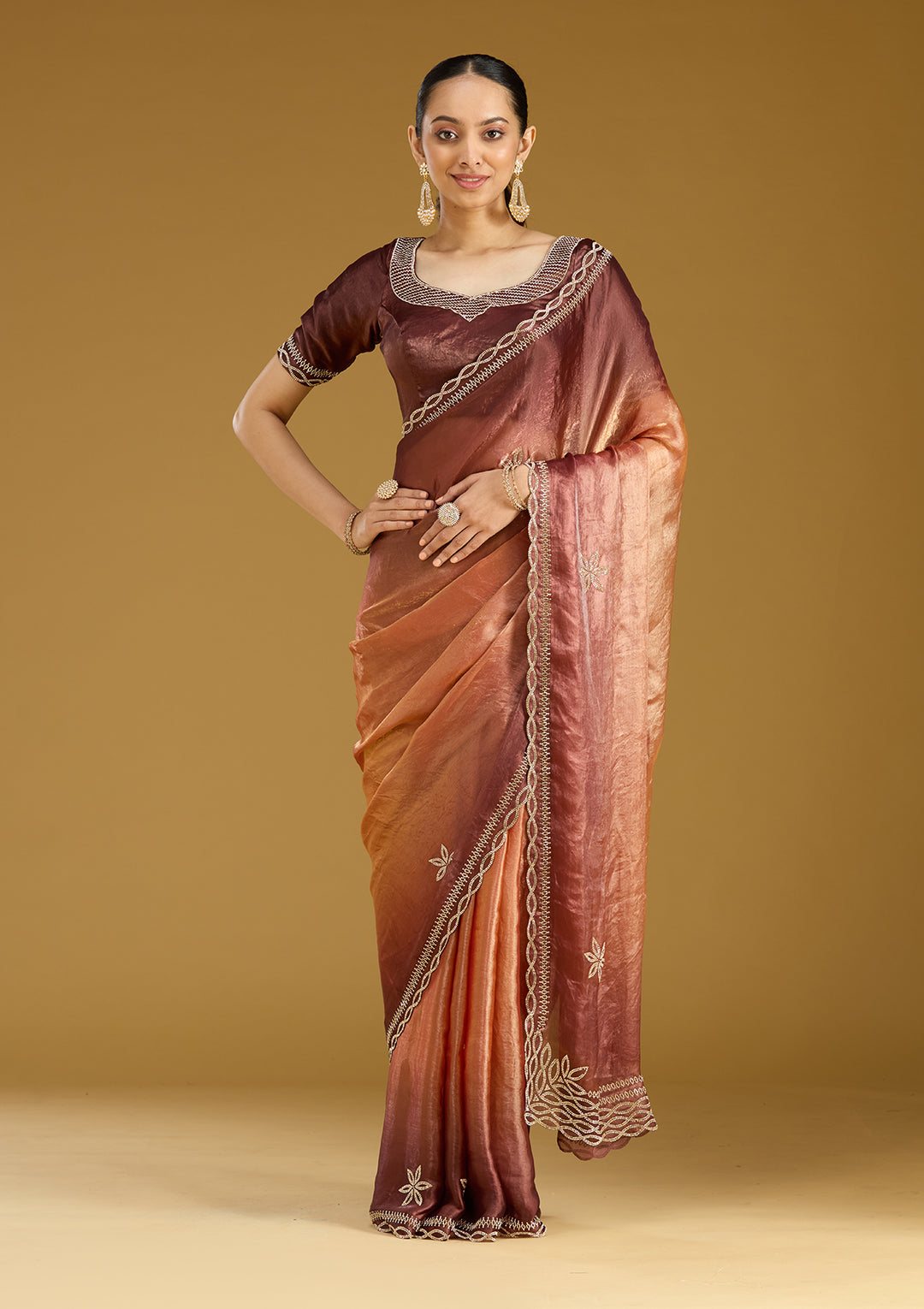 Rust Tissue Gold Stonework Saree With Matching Blouse Piece