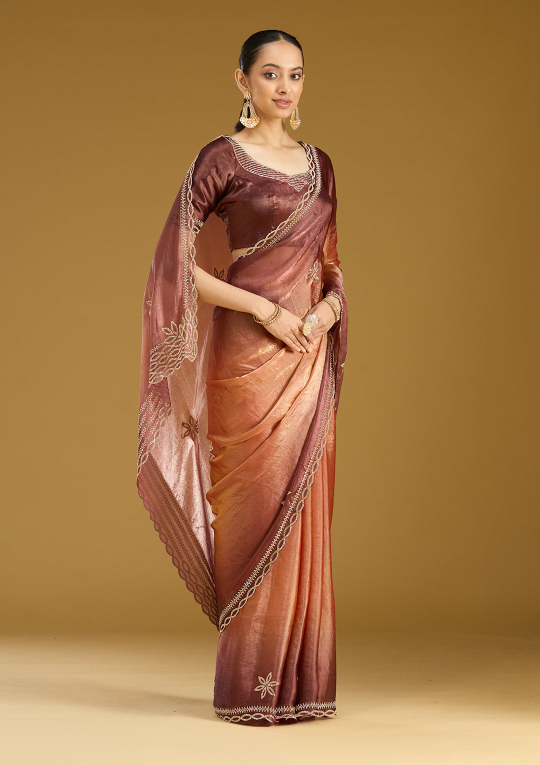 Rust Tissue Gold Stonework Saree With Matching Blouse Piece