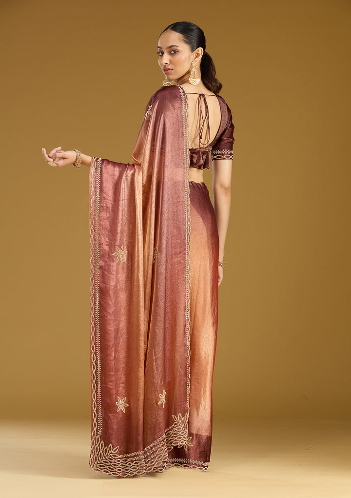 Rust Tissue Gold Stonework Saree With Matching Blouse Piece