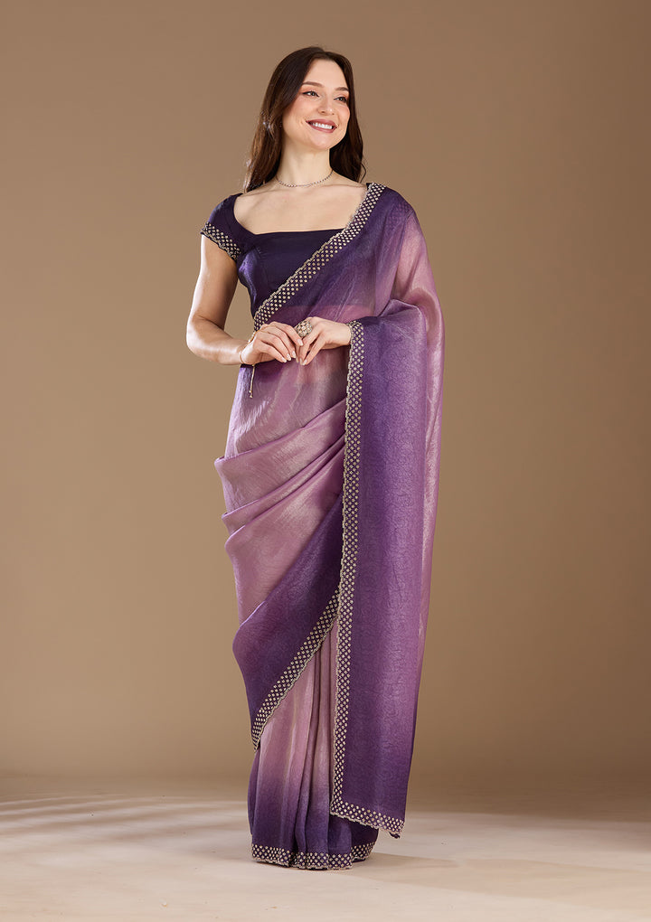 Lavender Stonework (Gold) Organza Saree