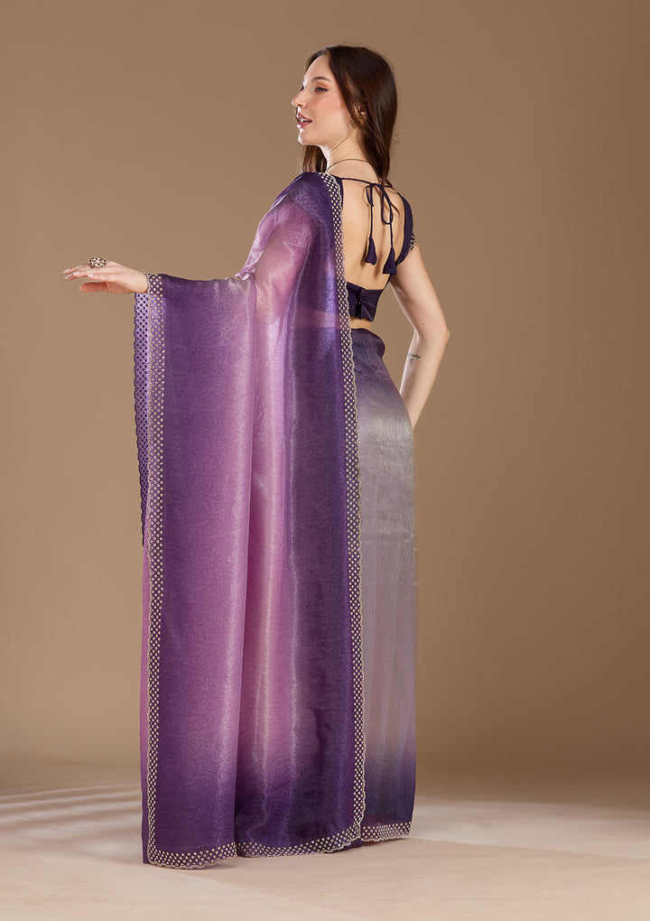 Lavender Stonework (Gold) Organza Saree