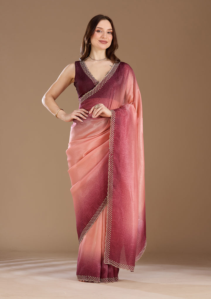Peach Organza Floral Gold Stonework Saree With Matching Blouse Piece
