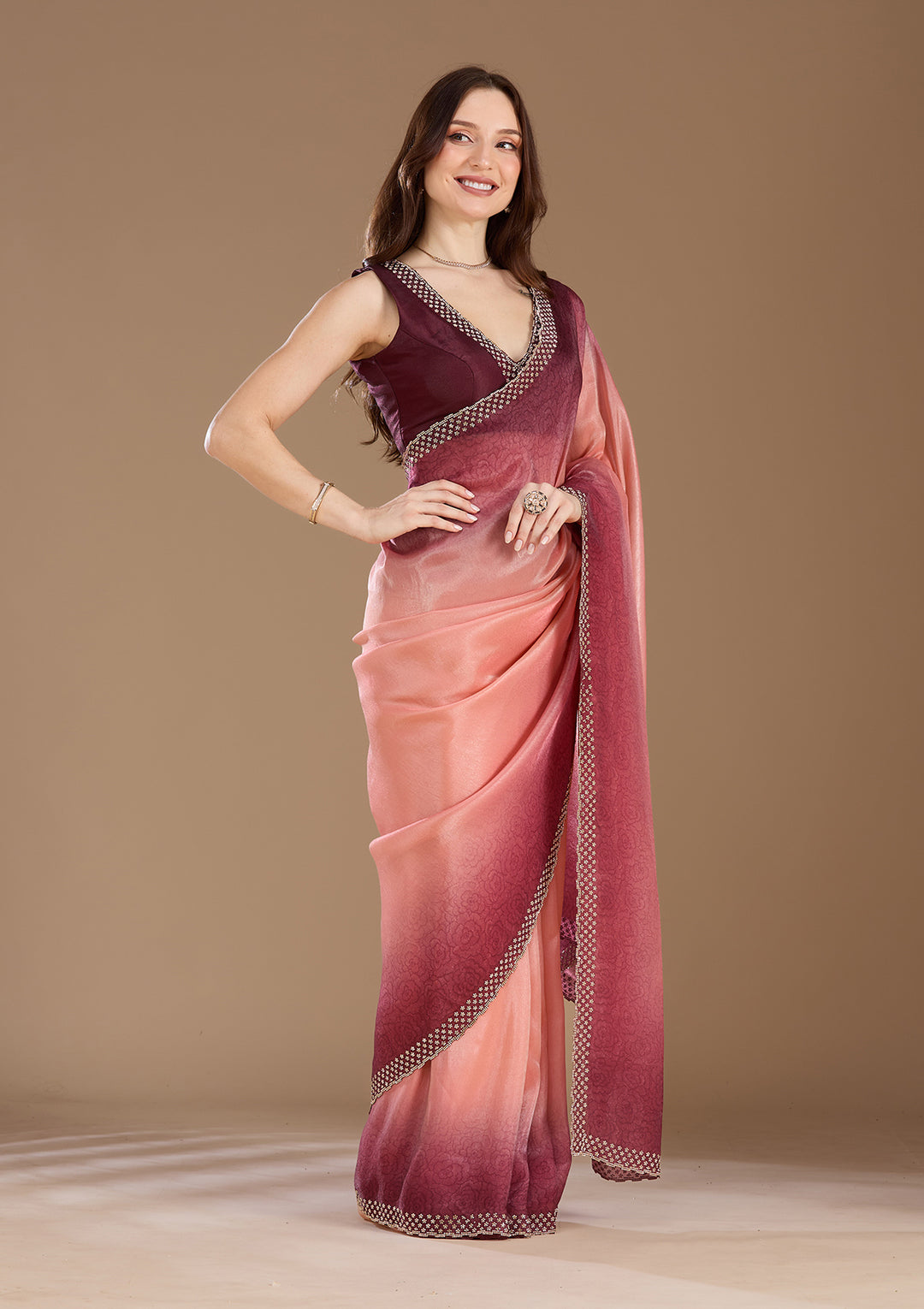 Peach Organza Floral Gold Stonework Saree With Matching Blouse Piece