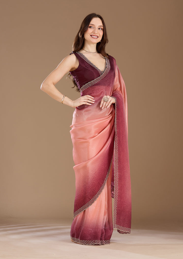 Peach Organza Floral Gold Stonework Saree With Matching Blouse Piece