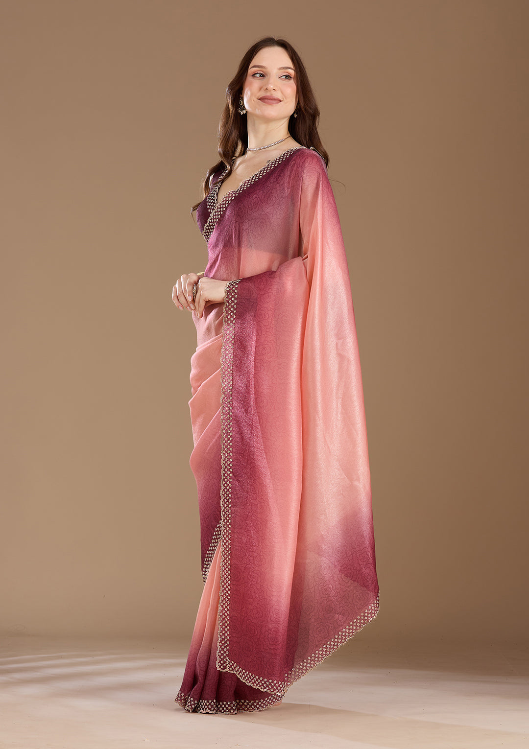 Peach Organza Floral Gold Stonework Saree With Matching Blouse Piece