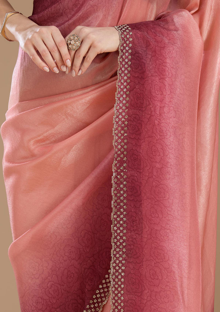 Peach Organza Floral Gold Stonework Saree With Matching Blouse Piece