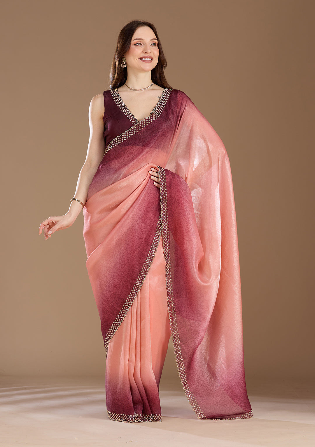 Peach Organza Floral Gold Stonework Saree With Matching Blouse Piece