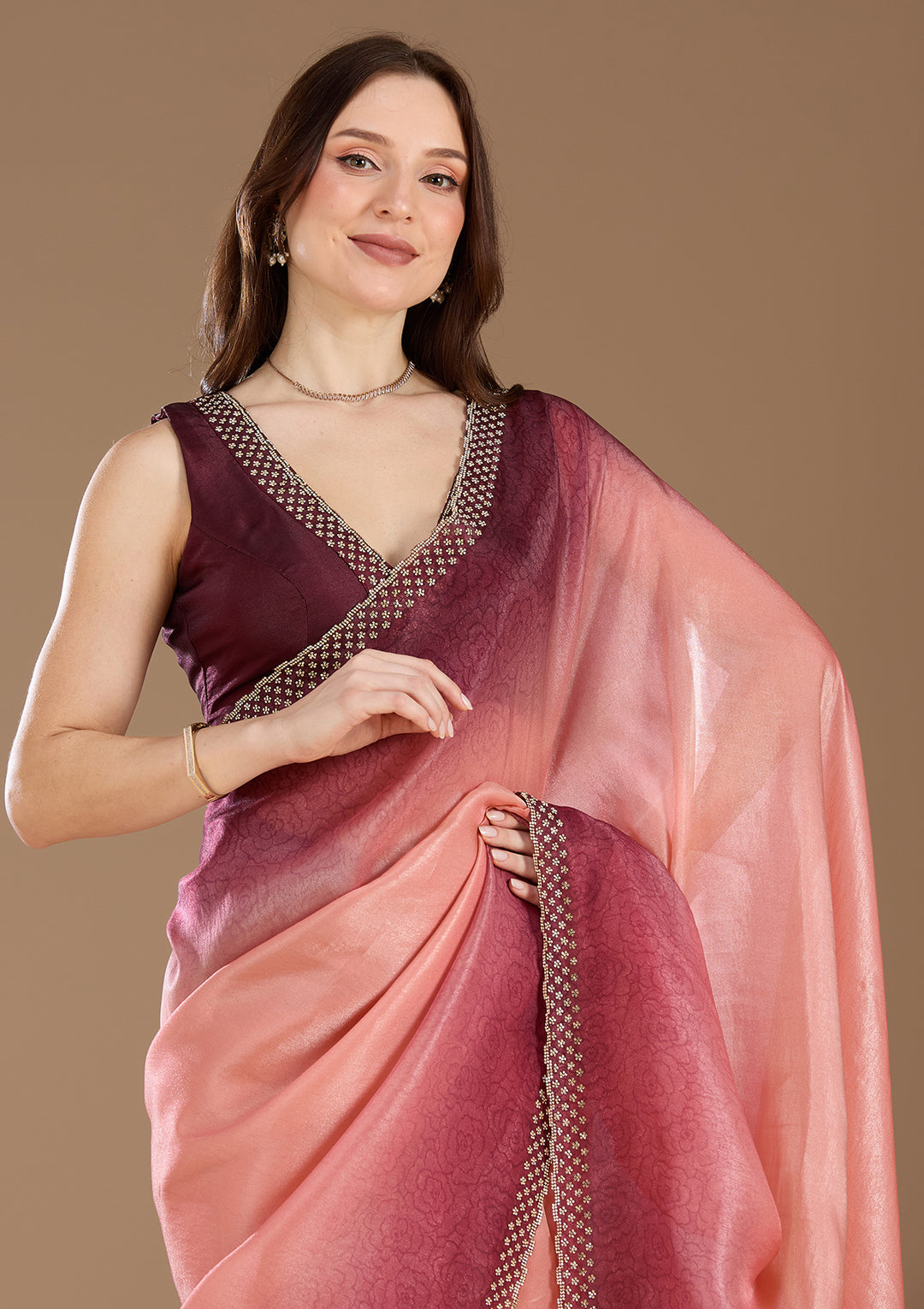 Peach Organza Floral Gold Stonework Saree With Matching Blouse Piece