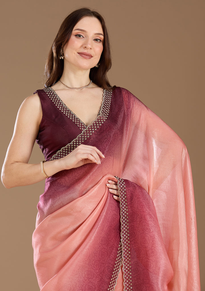 Peach Organza Floral Gold Stonework Saree With Matching Blouse Piece
