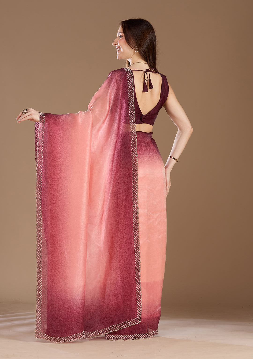 Peach Organza Floral Gold Stonework Saree With Matching Blouse Piece