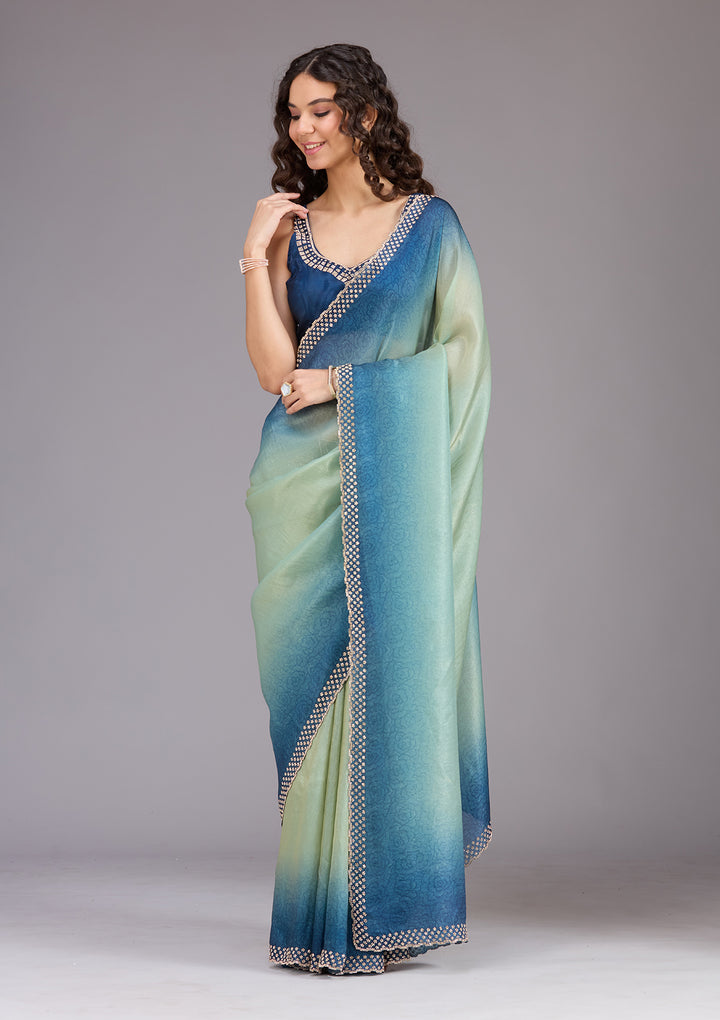 Pista Green Stonework (Gold) Organza Saree
