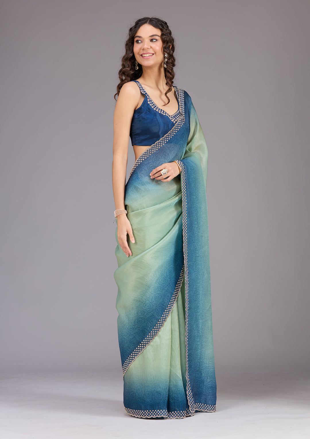Pista Green Stonework (Gold) Organza Saree