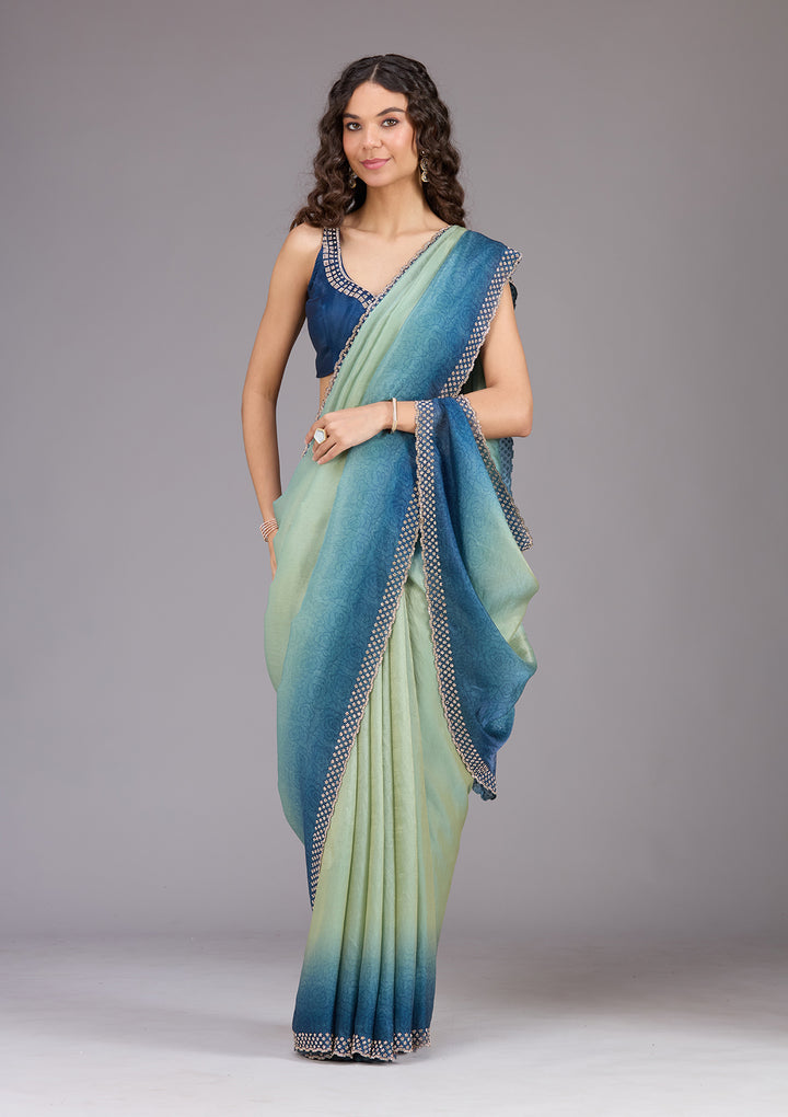 Pista Green Stonework (Gold) Organza Saree