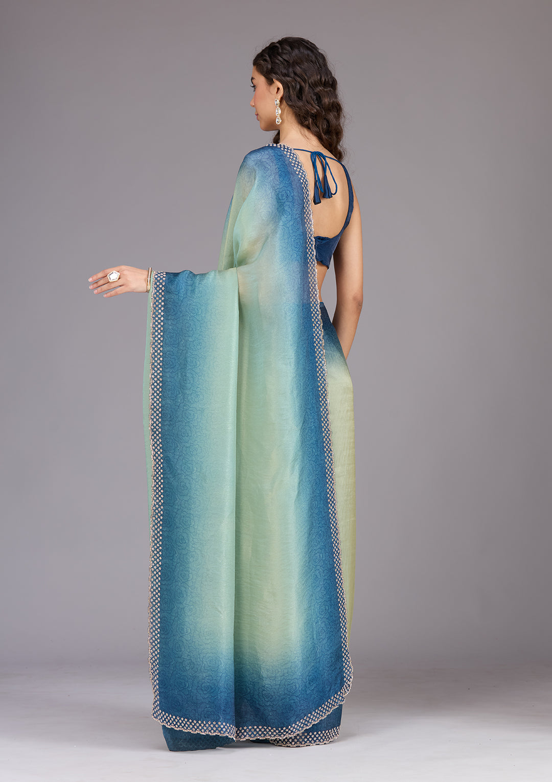 Pista Green Stonework (Gold) Organza Saree