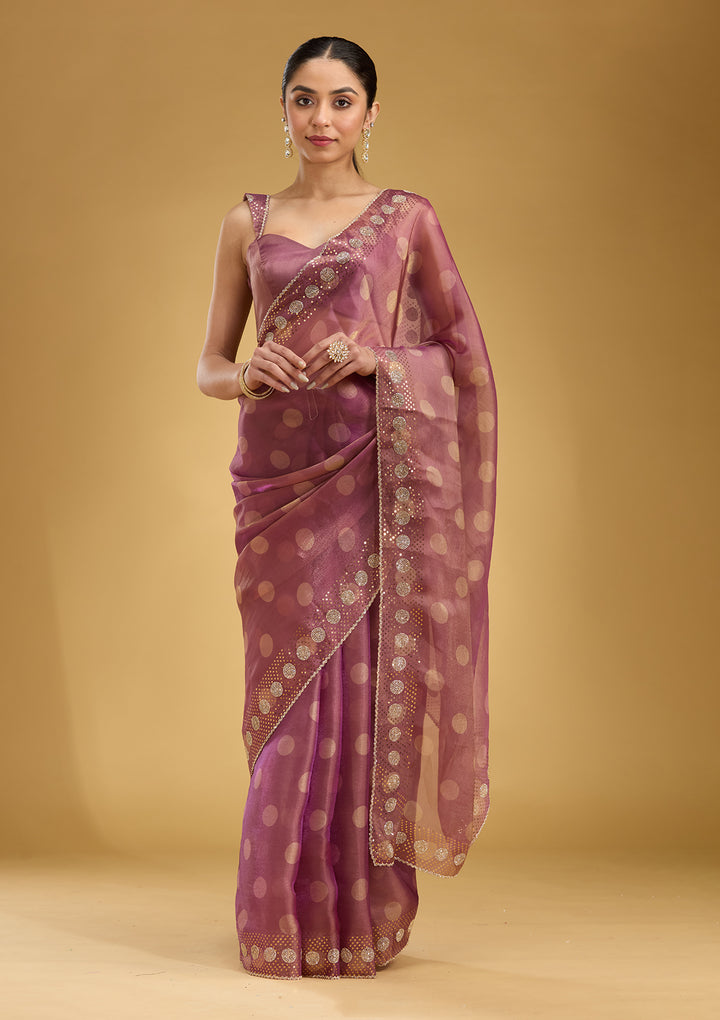 Onion Pink Tissue Floral Gold Stonework Saree With Matching Blouse Piece