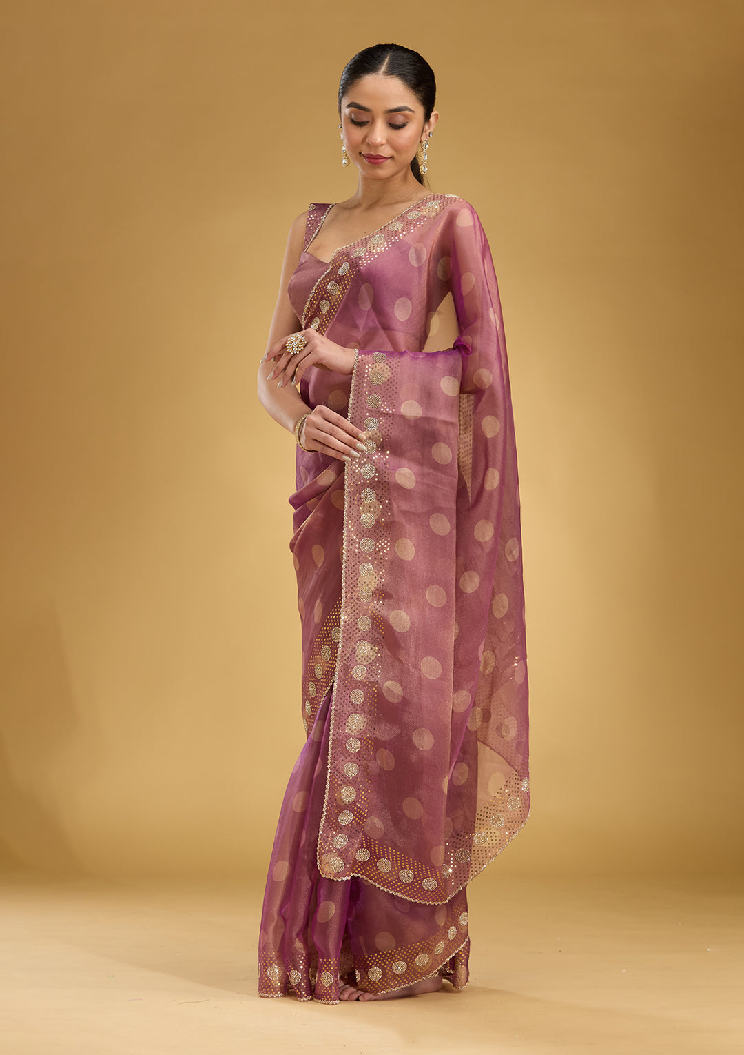 Onion Pink Tissue Floral Gold Stonework Saree With Matching Blouse Piece