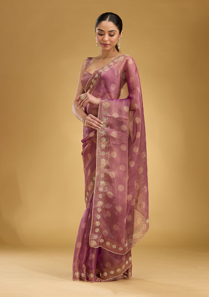 Onion Pink Tissue Floral Gold Stonework Saree With Matching Blouse Piece