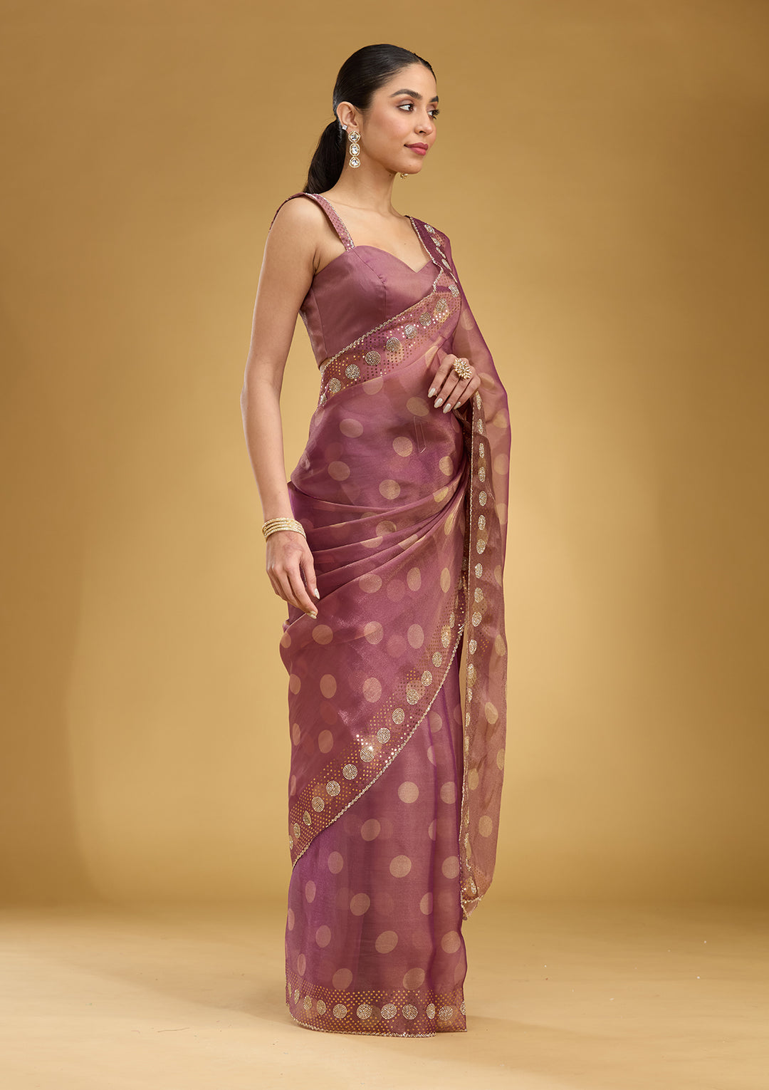 Onion Pink Tissue Floral Gold Stonework Saree With Matching Blouse Piece