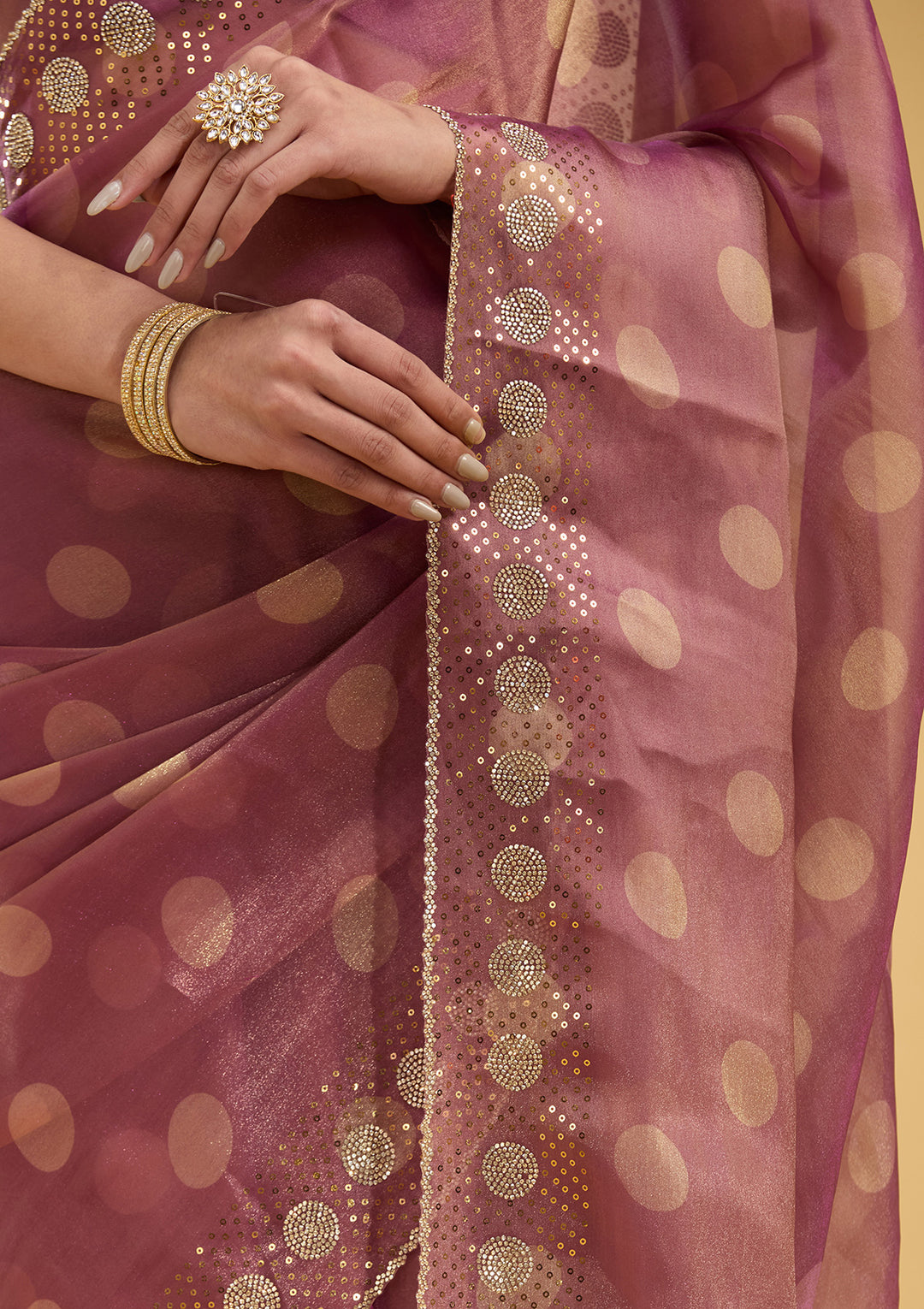 Onion Pink Tissue Floral Gold Stonework Saree With Matching Blouse Piece