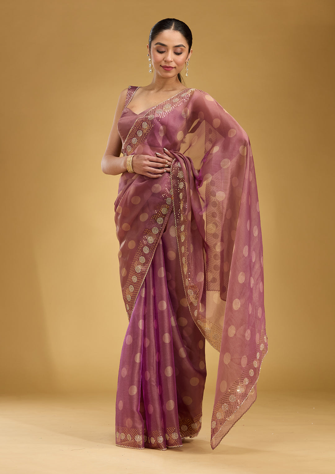 Onion Pink Tissue Floral Gold Stonework Saree With Matching Blouse Piece