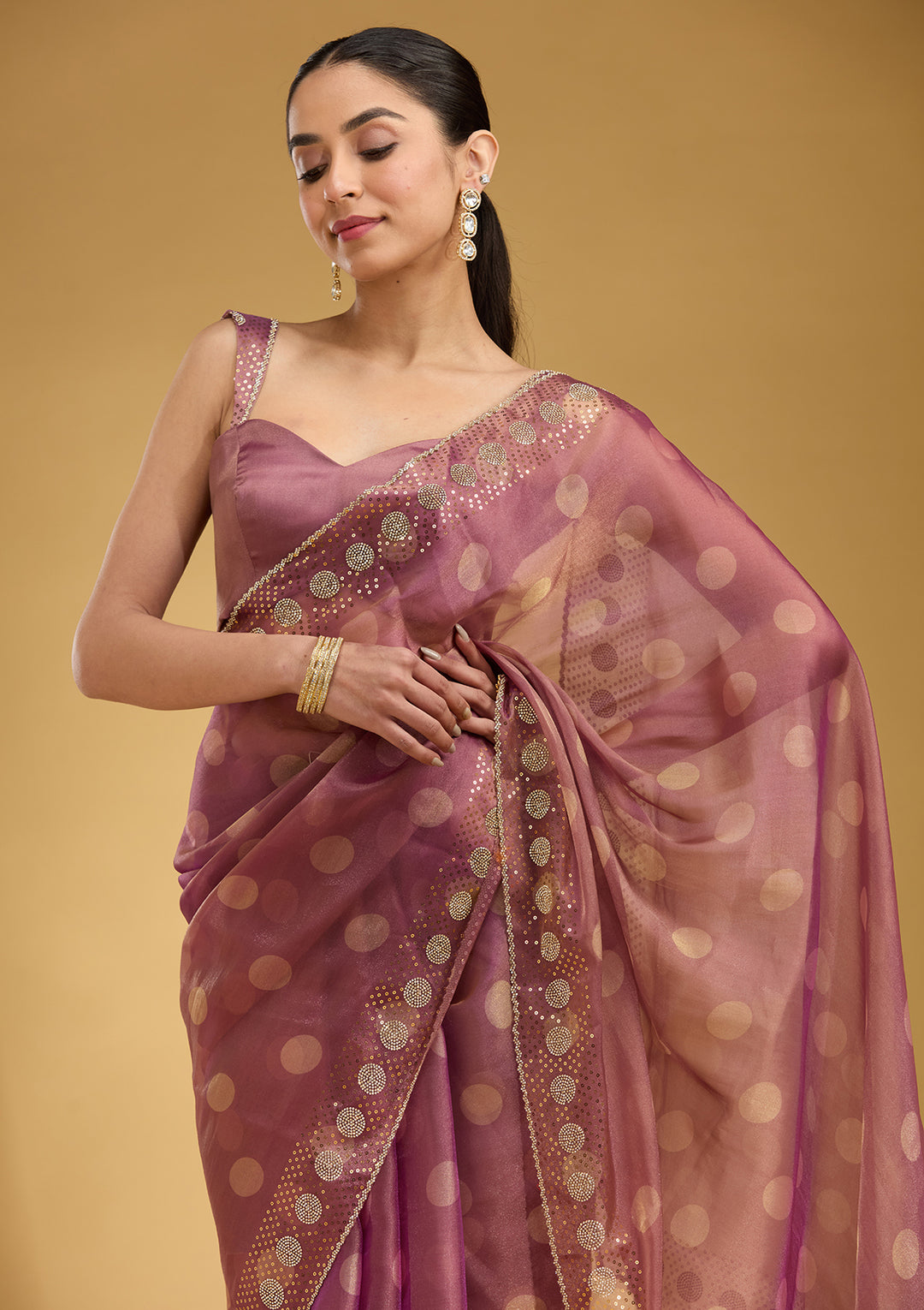 Onion Pink Tissue Floral Gold Stonework Saree With Matching Blouse Piece