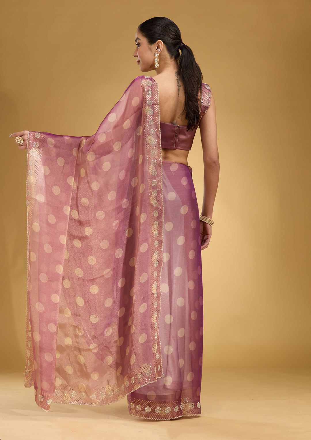 Onion Pink Tissue Floral Gold Stonework Saree With Matching Blouse Piece