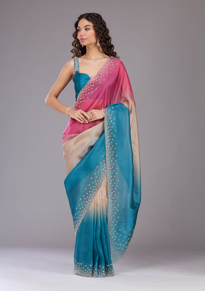Rani Pink Stonework Tissue Saree
