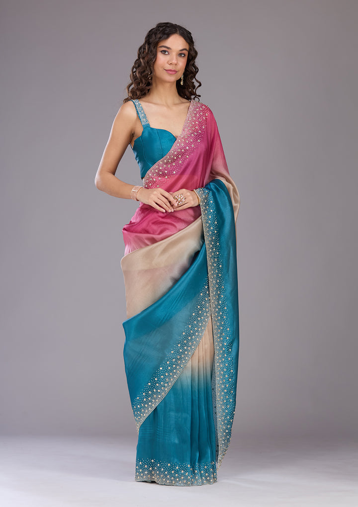 Rani Pink Stonework Tissue Saree