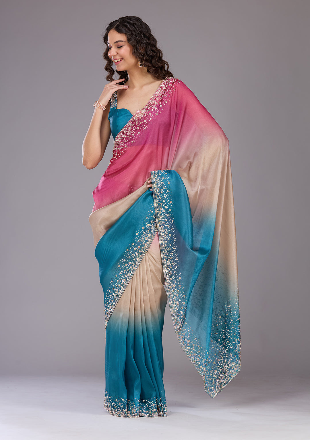 Rani Pink Stonework Tissue Saree
