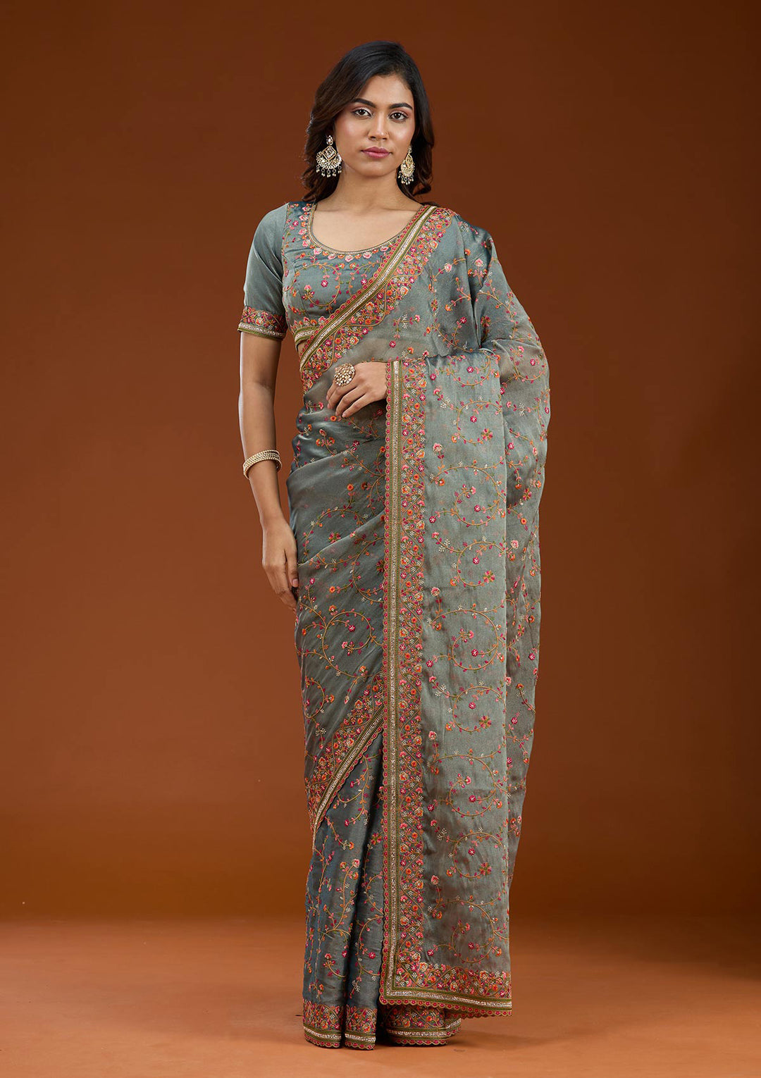 Grey Tissue Threadwork Saree With Matching Blouse Piece
