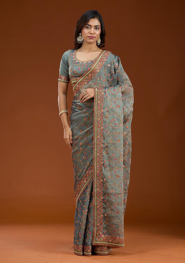 Grey Tissue Threadwork Saree With Matching Blouse Piece