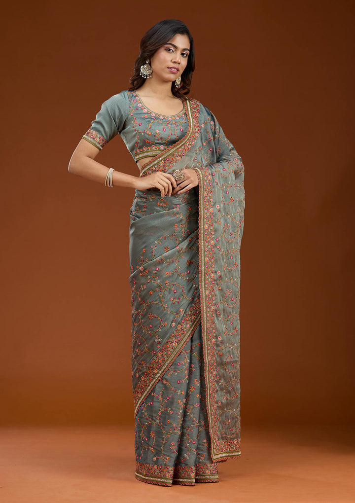 Grey Tissue Threadwork Saree With Matching Blouse Piece