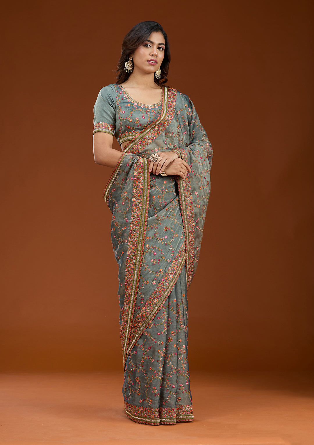 Grey Tissue Threadwork Saree With Matching Blouse Piece