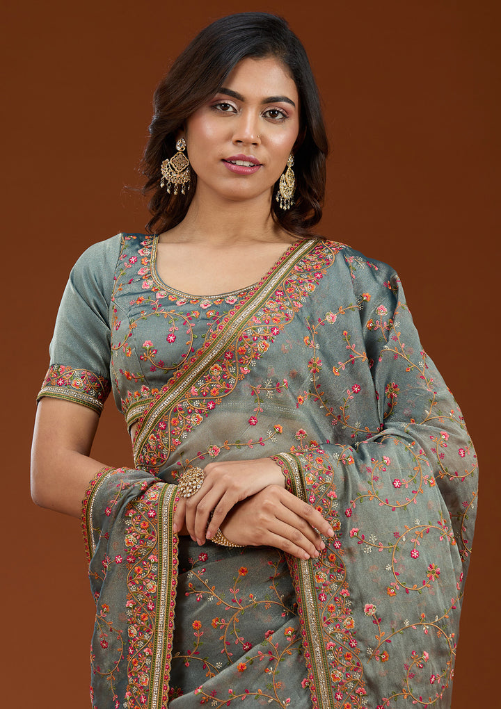 Grey Tissue Threadwork Saree With Matching Blouse Piece